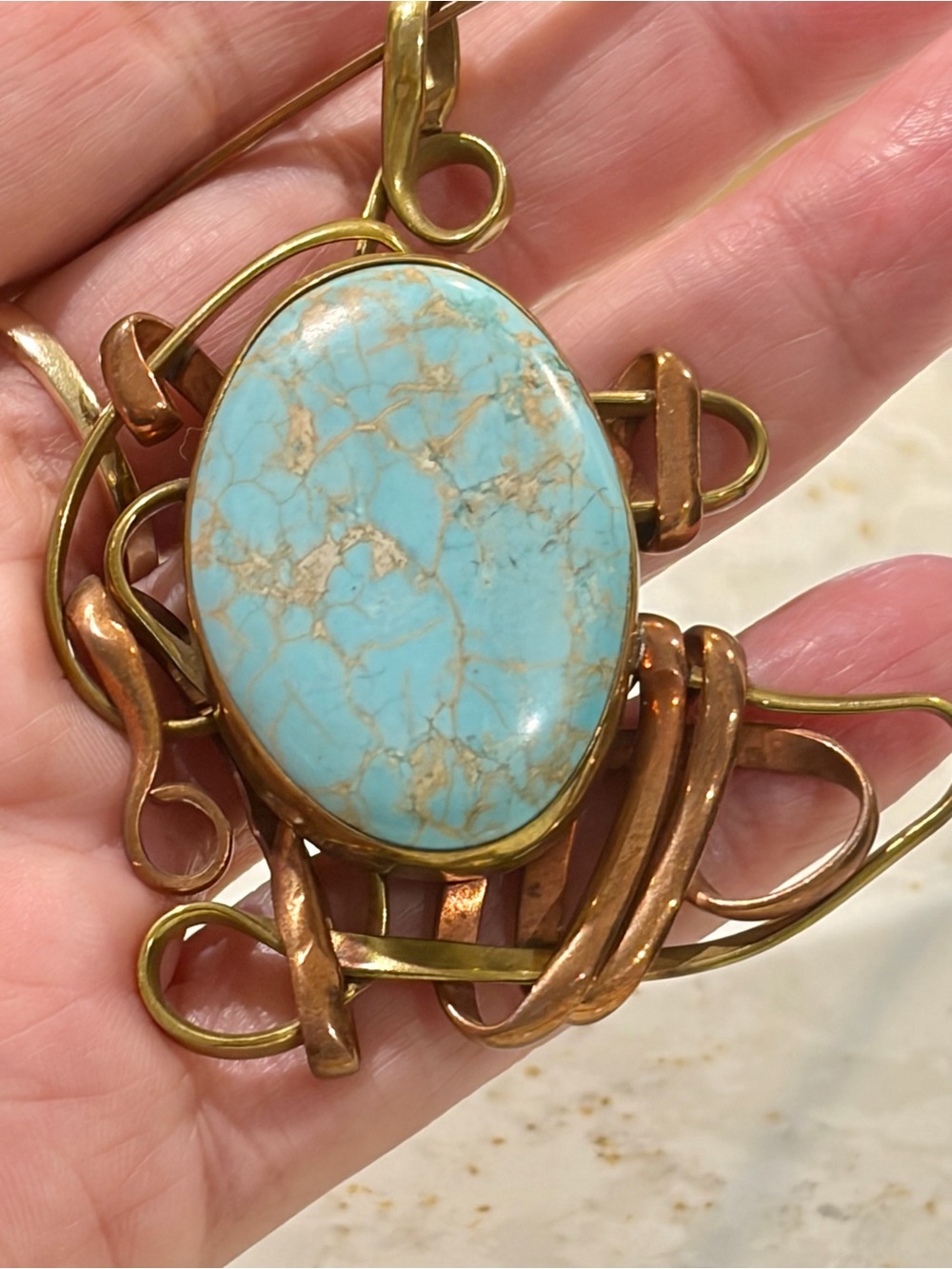 Vintage Artisan Copper Brass Torque Necklace Turquoise Choker